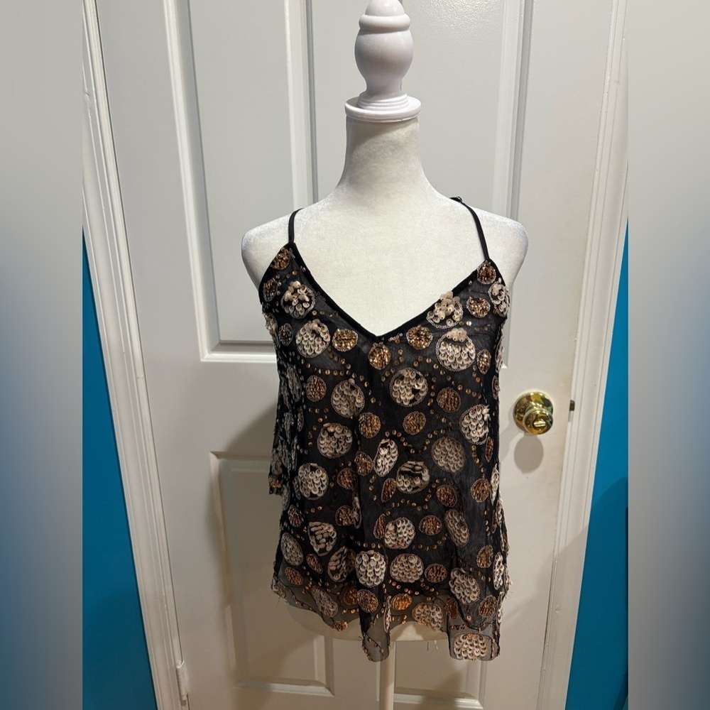 Anthropologie Let Me Be Embellished Tank top sequence M black gold new NWT - Picture 3 of 8
